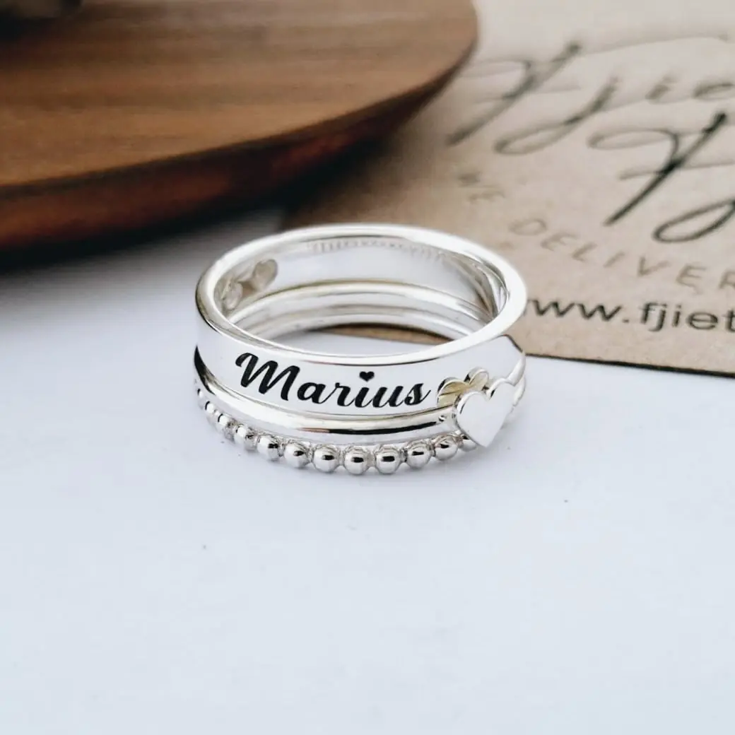 Argentium & Sterling Silver Personalised, Heart & Bubble Stacking Rings - Image 5