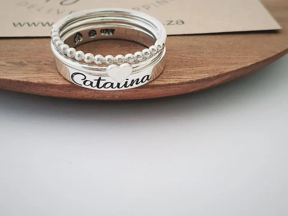 Argentium & Sterling Silver Personalised, Heart & Bubble Stacking Rings - Image 4